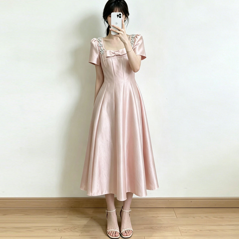 Plus-Size French-Style Square-Neck Dress with Heavy Embellishments and Rhinestones for Women, Summer Slimming A-Line Skirt, Elegant Short Dress