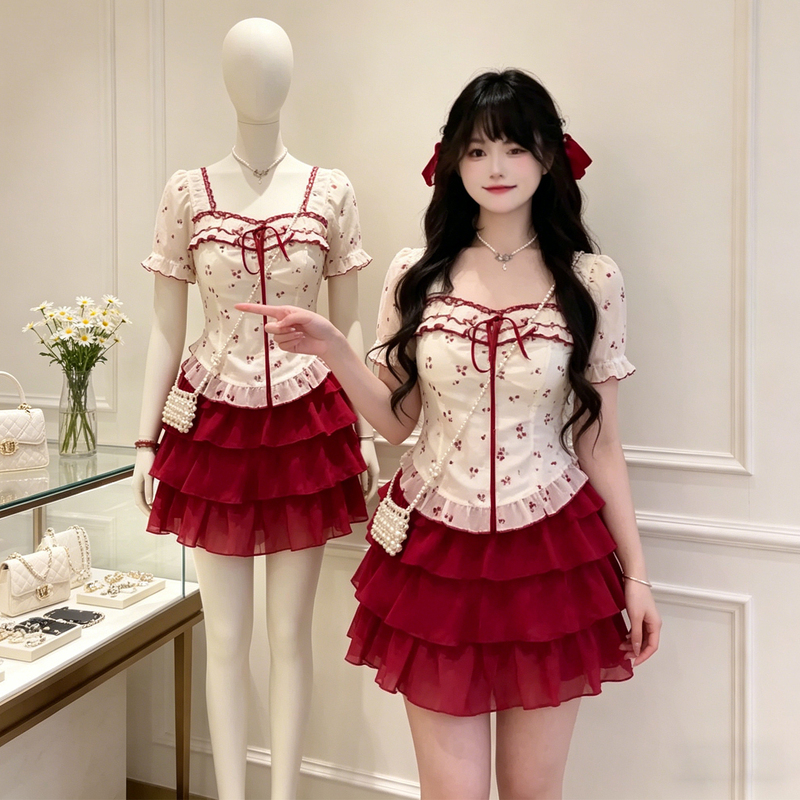 Plus-Size Gentle Style Lace Top for Women, Summer High-Waisted Red Tiered Skirt, Slimming and Sweet Two-Piece Set Plus-Size Gentle Style Lace Top for Women, Summer High-Waisted Red Tiered Skirt, Slimming and Sweet Two-Piece Set