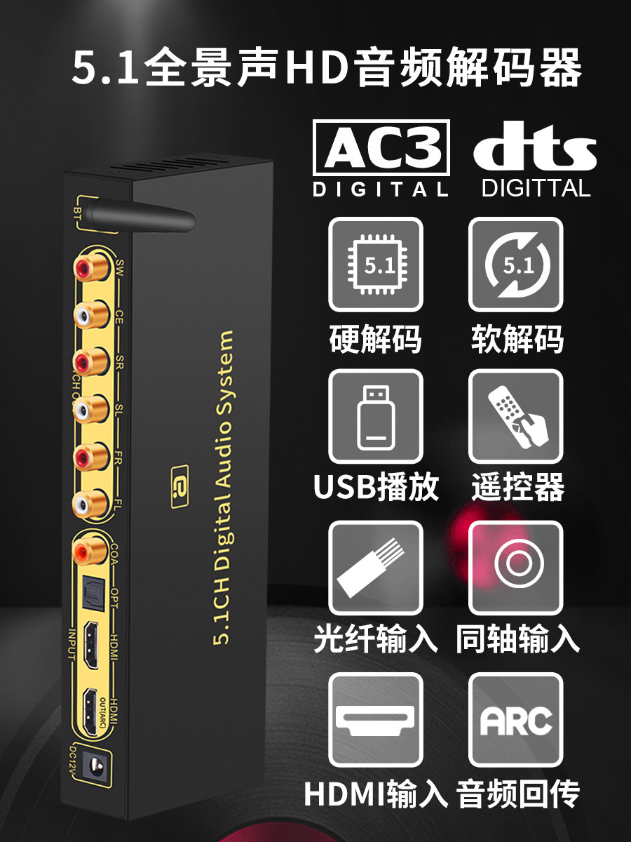 HD820 DTS Dolby AC3 Atmos 5 1 channel audio decoder Bluetooth 5 0 Fiber optic USB disk coaxial DAC