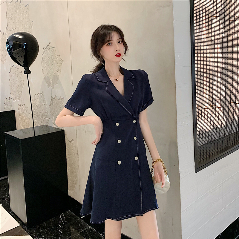 VK旗艦店 韓國風V領復古排扣時尚短袖洋裝
