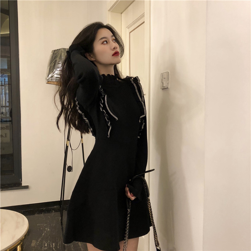 DABI 韓系荷葉邊收腰顯瘦針織長袖洋裝 DABI 韓系荷葉邊收腰顯瘦針織長袖洋裝