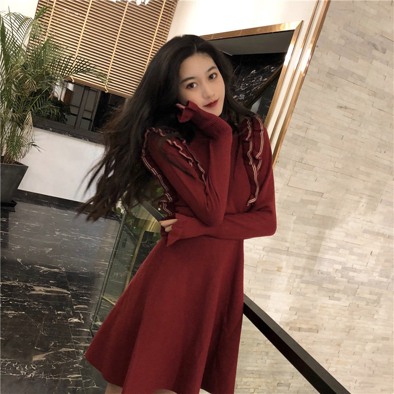 DABI 韓系荷葉邊收腰顯瘦針織長袖洋裝 DABI 韓系荷葉邊收腰顯瘦針織長袖洋裝