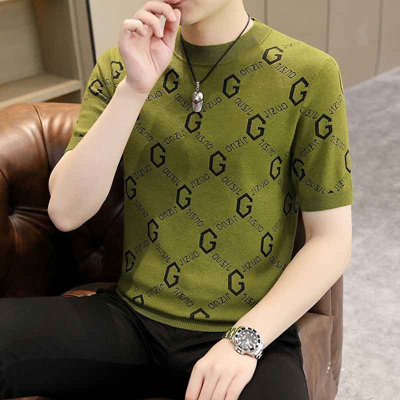 Knitted Short-Sleeved Men's Sweater, Spring and Autumn Trendy Slim-Fit Round-Neck Half-Sleeve Base Shirt, Casual Versatile Warm Sweater