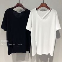 2022 Spring Summer Korea ulzzang New pure color single open fork loose Han Fan neckline slanted short sleeve T-shirt female tide