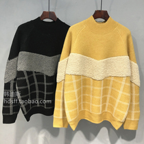 2020 autumn and winter Koreas new contrast stitching flocking loose Korean Fan plaid semi-turtleneck sweater sweater women