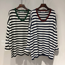 2021 autumn dress Korean ulzzang new color U-collar loose long bat sleeve striped sweater women