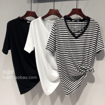 22 Spring Summer Korea ulzzang New Alphabet Printed Loose neckline Oblique Lace lace V collar short sleeve T-shirt woman