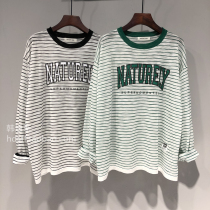 2021 early Autumn New Letter pattern Contrast round neck loose Han fan bat sleeve striped sweater sunscreen shirt Women