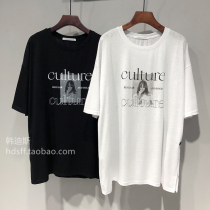 2022 Spring Summer Korea ulzzang New beauties printed loose with long single side open fork T-shirt blouses female tide