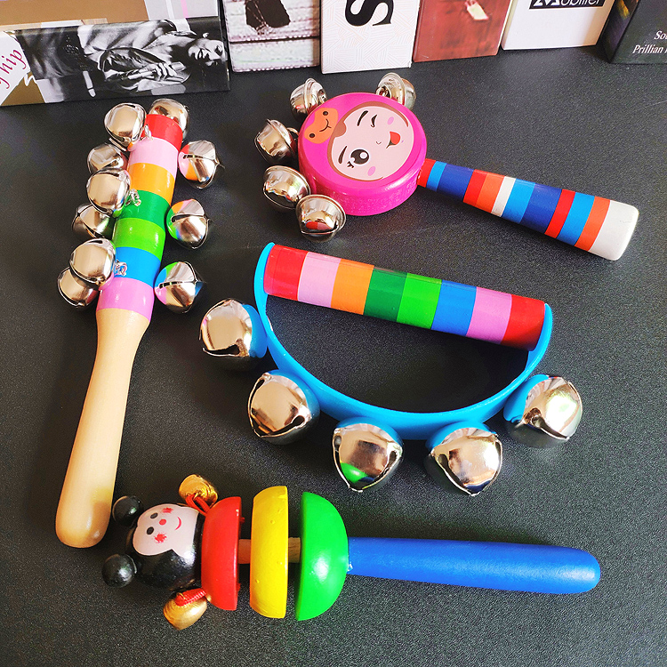Baby colorful rattle toy Orff musical instrument wooden hand bell baby early education puzzle grasping vision hearing
