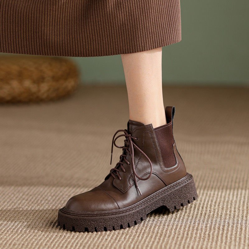 ann it goddess all-match shopkeeper recommended ~ retro lace-up Martin boots women's thick-soled round toe short boots nude boots 4cm