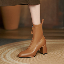 Ann its eye-catching focus the upper foot is huge and the temperament is perfect~ Leather thick high-heeled fashion short boots womens new 7CM