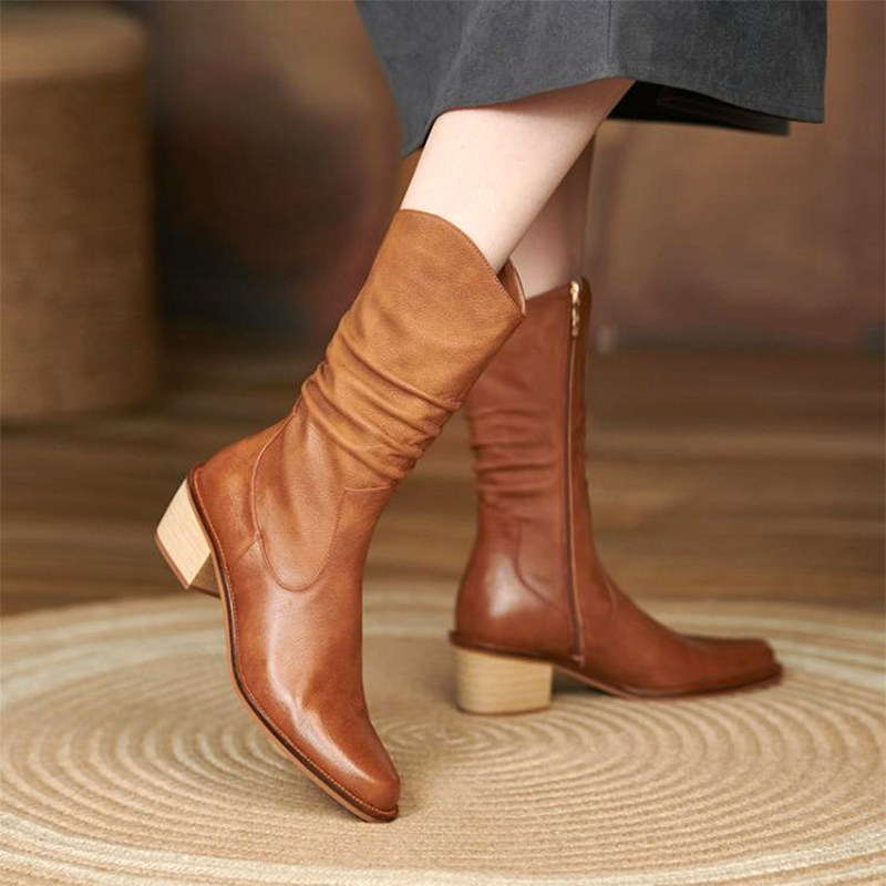 Ann it Street Slimming Boots Martin Boots Women's Short Boots Side Zipper Western Cowboy Boots Middle Boots Thick Heel 5 5cm