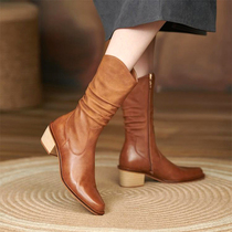 Ann it Street Slimming Boots Martin Boots Womens Short Boots Side Zipper Western Cowboy Boots Middle Boots Thick Heel 5 5cm