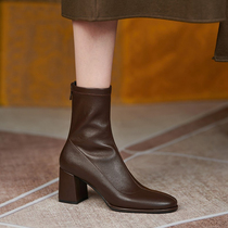 Ann it is super thin on the upper feet~ Autumn and winter new thick-heeled Martin boot pads womens elastic ankle boots high-heeled 6 5CM