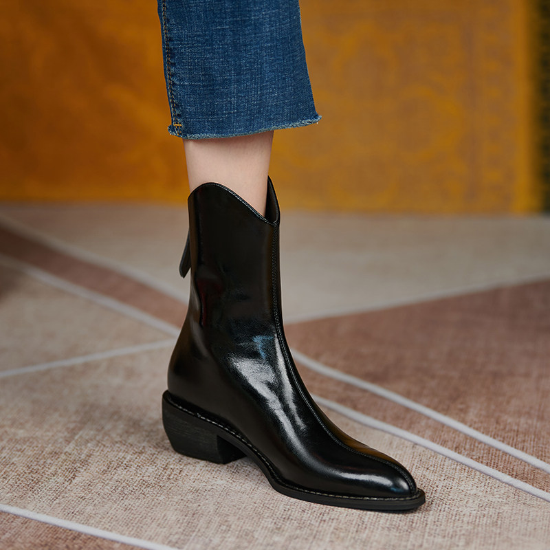 Ann it retro British style ~ pointed v mouth western short boots women's leather thick heel net red rear zipper Martin boots