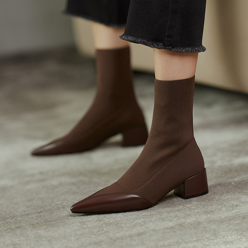ann it's upper feet are super good-looking~ leather stitching elastic socks boots women's new temperament pointed boots 4 5CM