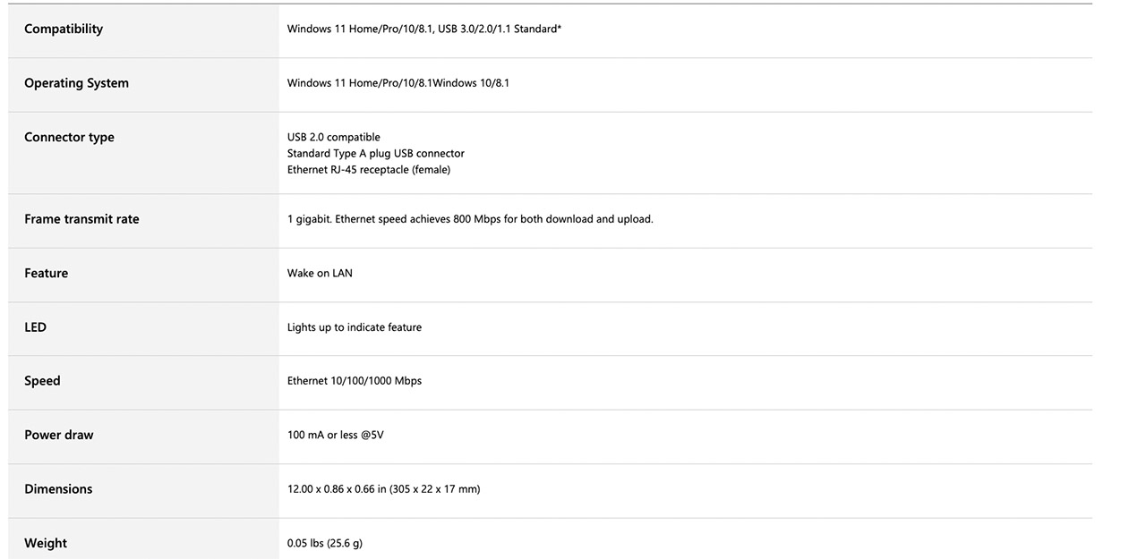 新到货微软Surface 4/5/6/7/8 USB3.0转RJ45 千兆有线以太网卡转换器头Microsoft Surface 1821 USB 3.0 Gigabit Ethernet Adapter Ejs-00002 支持局域网唤醒