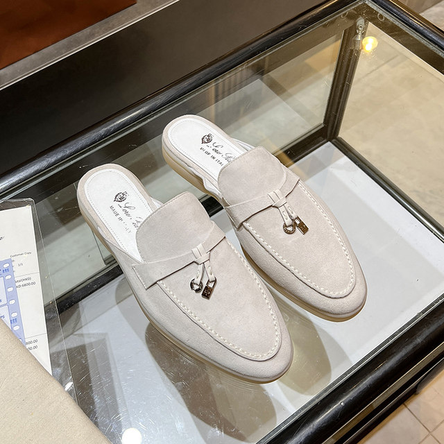 loro*piana2024 summer lazy casual toe-toe half slippers ຫນັງແທ້ຂອງແມ່ຍິງ flat Mules sandals LP ເກີບ