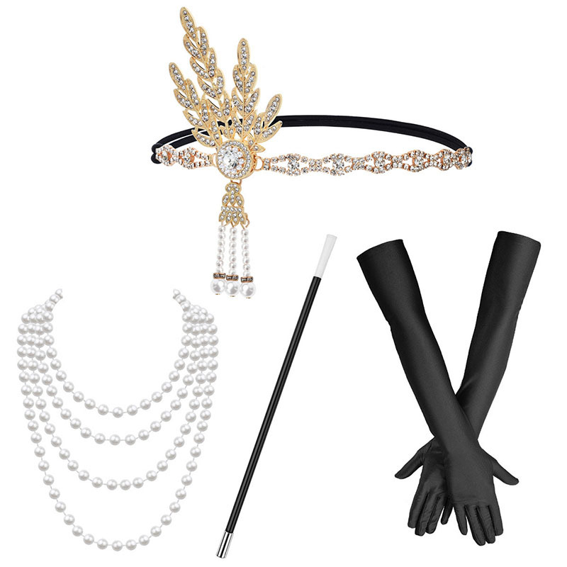 1920S Great Gatsby Lady's Dress Accessories Retro Long Gloves Cigarette Holder Pearl Necklace Hair Tie Set