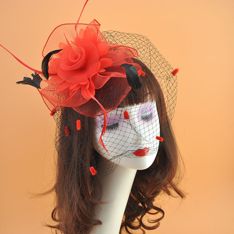 Bridal hair ornament European and American vintage veil hair ornament mesh feather head flower top hat hair clip black and white hair clip