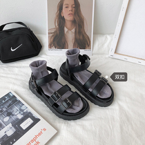 Black sandals female summer college students flat ins tide 2021 new students Harajuku thick-bottomed Roman Net Red