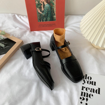 Retro Mary Treasures Shoes 2022 Summer thin section Buttoned Square Head Small Leather Shoes Woman Coarse Heel heel Single shoe Herbene Black