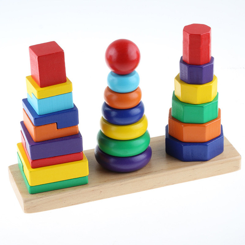 Three Columns Rainbow Tower Sets Columns Early Teach Geometric Shapes Paired Building Blocks Towers Children Logical Thinking Training Toys