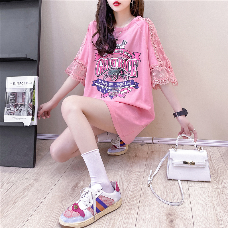 Mid-Length Short-Sleeve Fashion Lace Patchwork 2025 Summer New Design T-Shirt for Women Stylish Top Trendy Tee Mid-Length Short-Sleeve Fashion Lace Patchwork 2025 Summer New Design T-Shirt for Women Stylish Top Trendy Tee