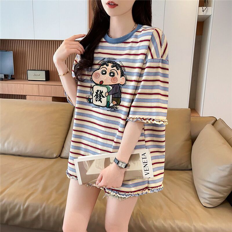American-Style Color-Block Striped Fun Pattern Cartoon Print Short-Sleeve T-Shirt for Women, Summer Loose-Fitting Youthful Pure Cotton Top Trendy