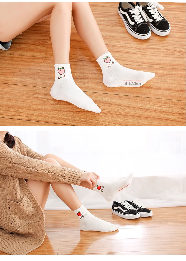 Vớ Hàn Quốc nữ thêu trái cây màu trắng vớ vớ cotton thể thao mùa thu và mùa đông sinh viên vớ vớ vớ ngắn Harajuku vớ nam