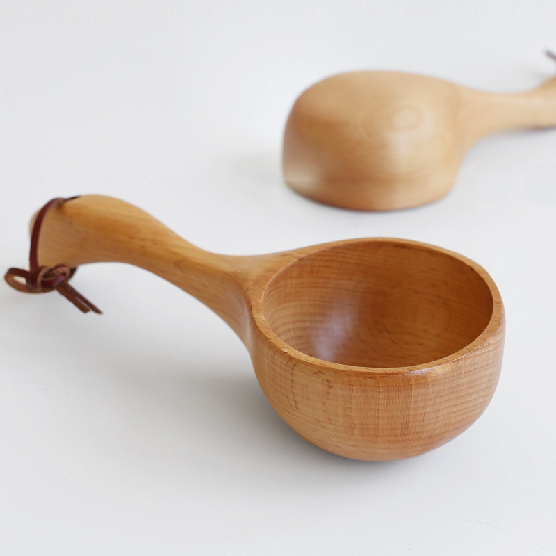 Japanese whole wood handle Rice scoop Household thickened short handle wooden spoon Soup spoon deepened water scoop Beech wine scoop