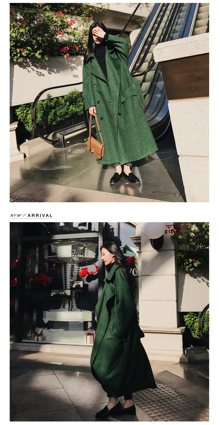 Real shot chic retro xanh kẻ sọc cổ áo thắt lưng áo len nữ kẻ sọc dài trên áo khoác đầu gối mẫu áo choàng nữ đẹp