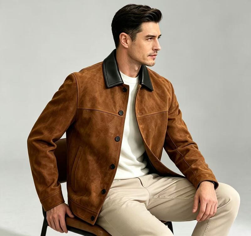 Italian-Style Old Money Lp Luxury Suede Work Jacket Made from Mixed Goat Leather Imported from Turkey, Men's Casual Leather Jacket