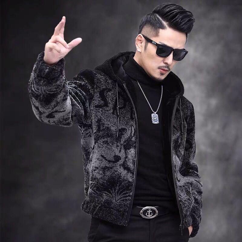 New Style Men's Shearling Leather Jacket with Hood, Haining Wolf Fur Coat, Winter Wool Fur Coat, Trendy New Style Men's Shearling Leather Jacket with Hood, Haining Wolf Fur Coat, Winter Wool Fur Coat, Trendy