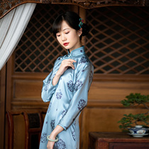Jade Appendix Autumn Colors -- Spring and Autumn Authentic Silk Printed Vintage Collar Tray Buttons Long Sleeves Temperament Qipao Young country Wind