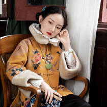 Golden phoenix dance -- autumn and winter style genuine silk scents cloud yarn thickened laminated cotton Chinese blouse retro Yuan bao fur collar to a flap jacket