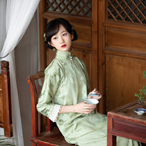 Pearl of the Year of the Ri -- Spring Summer Festival of the Republic of China with a sweet and beautiful daily Little Qing New Long Sleeves Qipao Old Satin Girl Retro Dress