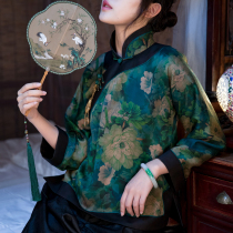 Xiangyun yarn trimmed high neck coat a city wind silk Republic of China style Jade buckle Chinese retro womens long sleeve shirt