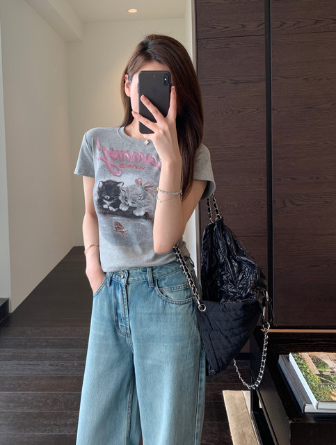 AMR UU ເດັກຍິງຮ້ອນ T-shirt, ແບບຕ່າງປະເທດຂະຫນາດໃຫຍ່, ແບບສັ້ນ, cat ງາມ, ພິມຫຼຸດຜ່ອນອາຍຸ, slimming ສັ້ນແມ່ຍິງ summer ຮູບແບບໃຫມ່