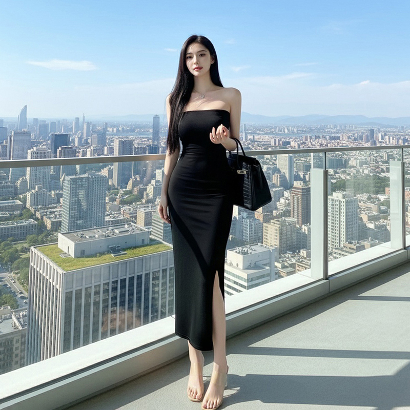 French Hepburn Style Sleeveless Tube Top Dress, Feminine Slim-Fit Dress, Slit Long Skirt, Backless Waist-Cinching Hip-Hugging Dress