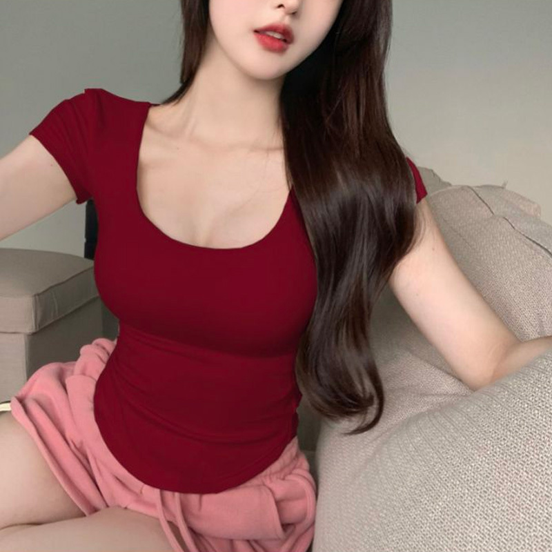 Sexy Tight-Fitting Square-Neck Burgundy Short-Sleeve T-Shirt for Women, Summer Slimming Irregular Fit U-Neck Top