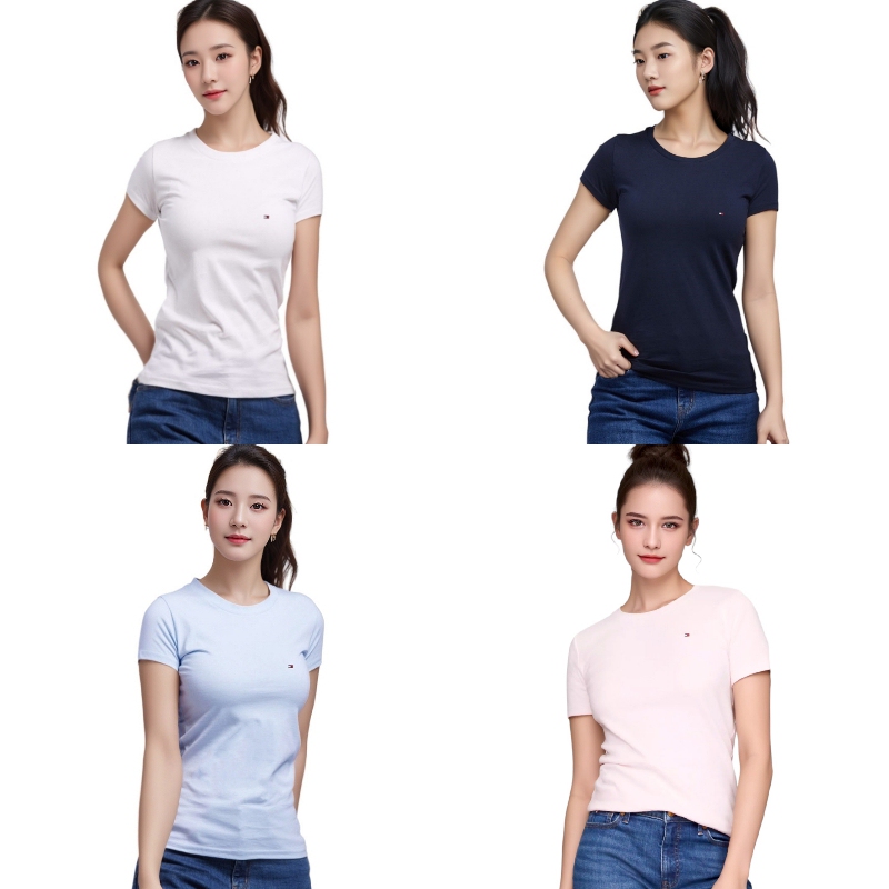 【In-Stock Fast Delivery】Authentic Round Neck Solid Color T-Shirt for Women Tommy Hilfiger