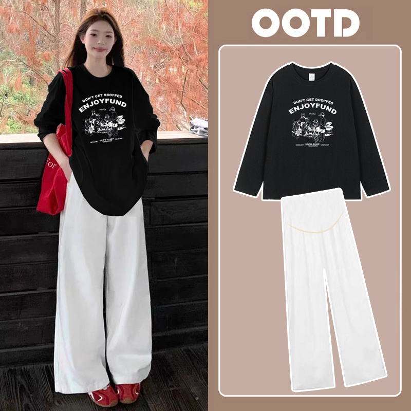 Maternity Spring and Autumn Outfit 2026 New Korean Style Pure Cotton Regular Shoulder Loose Long-Sleeve T-Shirt Top Fashionable Wide-Leg Pants