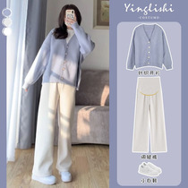 Pregnant women spring and autumn suit 2023 new knitted sweater top cardigan milk series salt series high-end two-piece suit for women