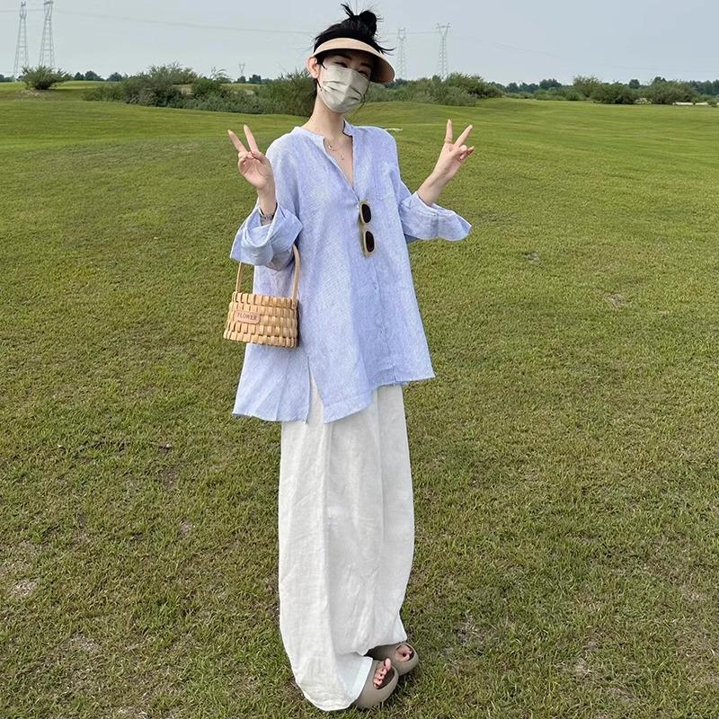 Spring, Autumn and Summer Style Maternity Set, Stylish and Age-Reducing Casual Fashion Long-Sleeved Thin Shirt and Wide-Leg Pants Two-Piece Set for Women