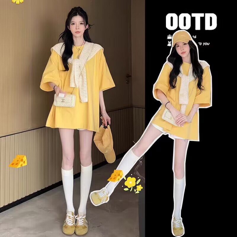 Maternity Summer Outfit New Dopamine Korean Style Lazy High-End Mid-Length Shawl Short-Sleeve T-Shirt Top for Women Maternity Summer Outfit New Dopamine Korean Style Lazy High-End Mid-Length Shawl Short-Sleeve T-Shirt Top for Women