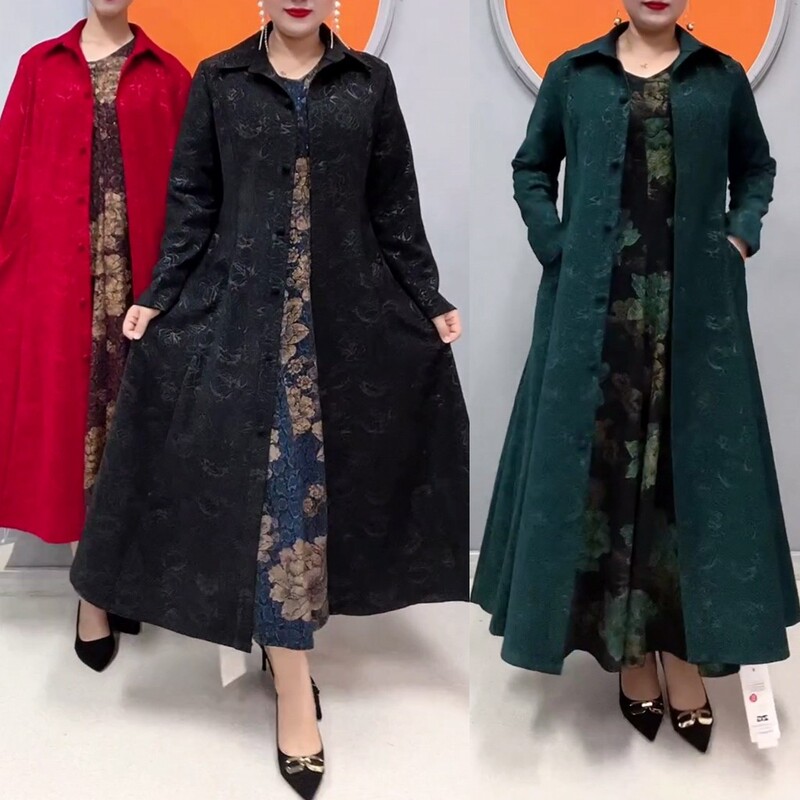 Spring and Autumn Trench Coat for Women, Silk Satin Embossed Buttoned Coat, Over-The-Knee Lapel, Plus Size, Middle-Aged Mother's Elegant Long Coat