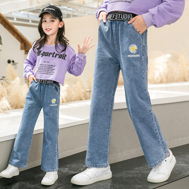 Girls pants spring and autumn wear loose autumn straight tube recreational trousers for large children in large-legged pants