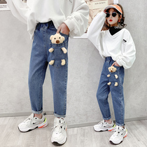 Girl Jeans Spring Autumn Clothing Foreign Pistachio Fashion Old Daddy Pants Loose Korean version Leisure CUHK Tong Children Autumn Pants Pants